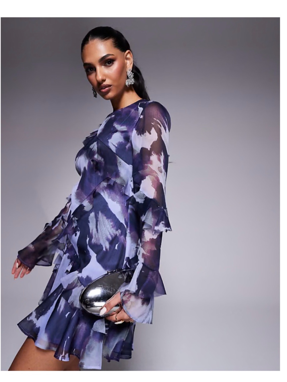 ASOS Purple Floral Ruffle Long-Sleeve Mini Dress